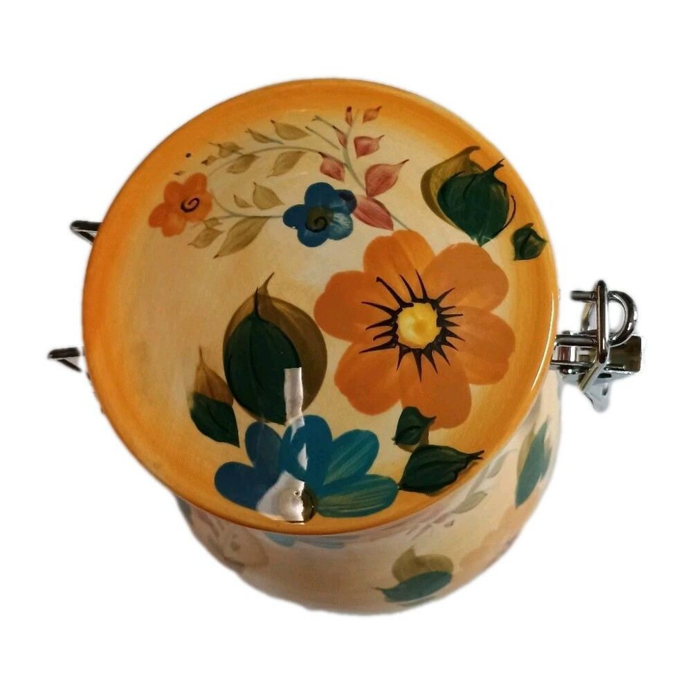 VTG Oneida Sunset Bouquet Hand Painted Ceramic Canister Airtight Hinged Lid 8" - Picture 4 of 16